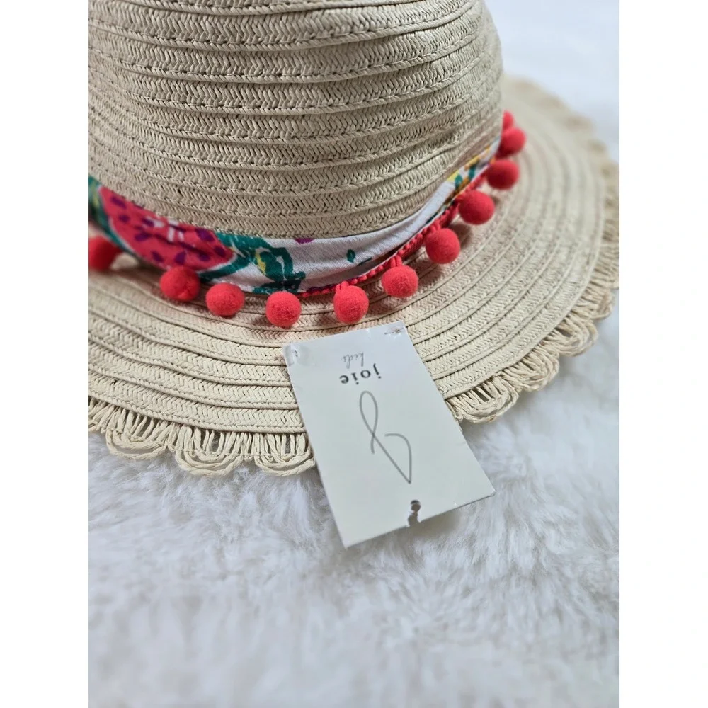 Joie Kids Straw Sun Beach Garden Hat Watermelon Print Pom Pom Scalloped Brim NEW